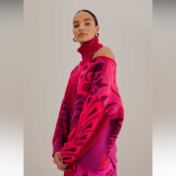 NWT Farm Rio pink bold floral knit sweater with one shoulder cut out, size XL - Picture 4 of 10